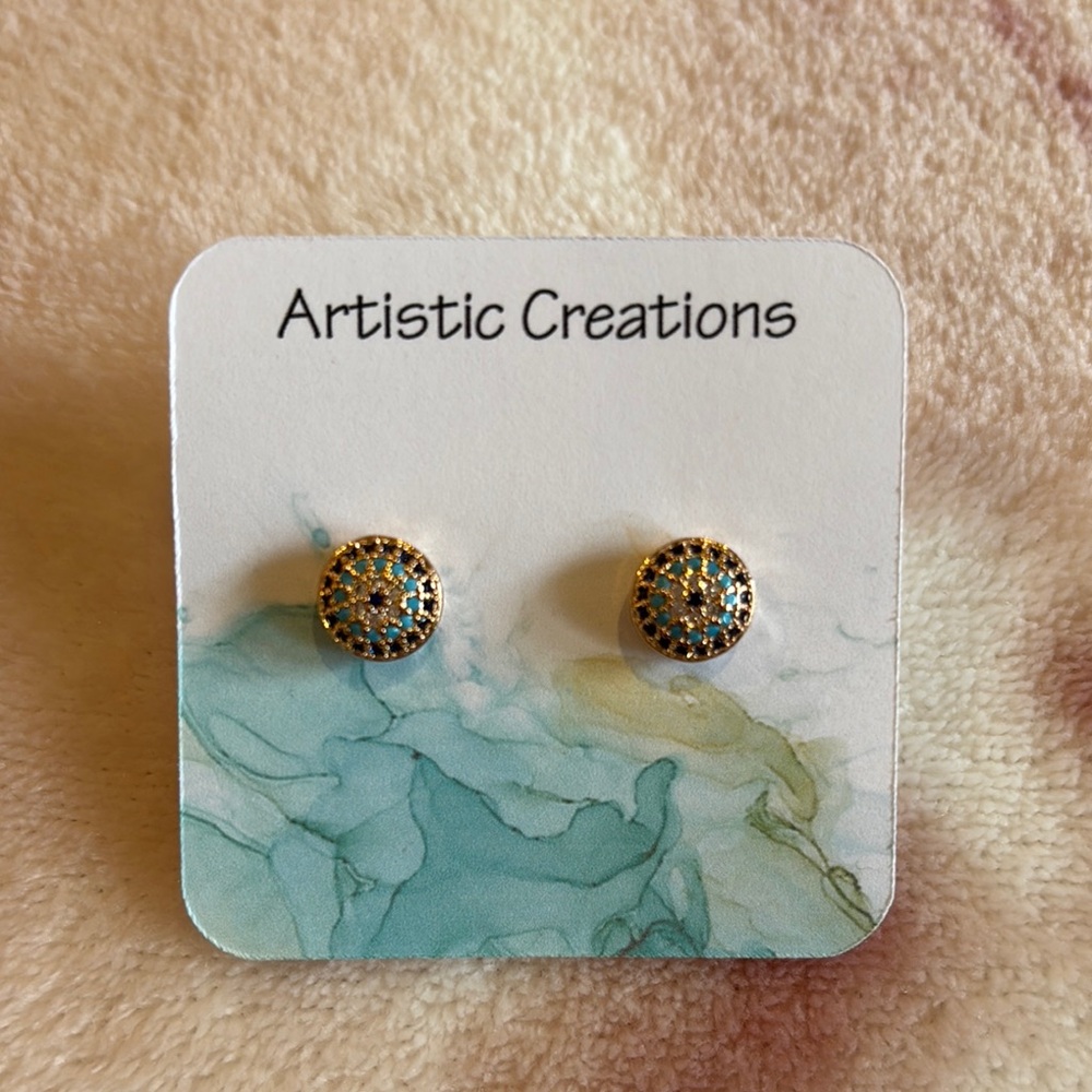 Artistic Creations Gold and Blue Crystal Encrusted EvilEye Stud Earrings NWT 9cm